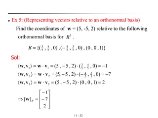 11 - 32
◼ Ex 5: (Representing vectors relative to an orthonormal basis)
Find the coordinates of w = (5, -5, 2) relative to the following
orthonormal basis for .
)}1,0,0(,)0,,(,)0,,{( 5
3
5
4
5
4
5
3
−=B
3
R
Sol:
2)1,0,0()2,5,5(,
7)0,,()2,5,5(,
1)0,,()2,5,5(,
33
5
3
5
4
22
5
4
5
3
11
=−==
−=−−==
−=−==
vwvw
vwvw
vwvw










−
−
=
2
7
1
][ Bw
 