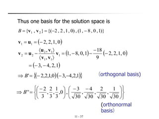 11 - 37
Thus one basis for the solution space is
)}1,0,8,1(,)0,1,2,2{(},{ 21 −−== vvB
( )
( ) ( )
( )1,2,4,3
01,2,,2
9
18
10,8,1,
,
,
01,2,,2
1
11
12
22
11
−−=
−
−
−−=


−=
−==
v
vv
vu
uv
uv
( )( ) 1,2,4,30,1,2,2' −−−= B (orthogonal basis)











 −−





 −
=
30
1
,
30
2
,
30
4
,
30
3
,0,
3
1
,
3
2
,
3
2
''B
(orthonormal
basis)
 