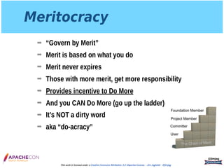 Meritocracy
➡ “Govern by Merit”
➡ Merit is based on what you do
➡ Merit never expires
➡ Those with more merit, get more responsibility
➡ Provides incentive to Do More
➡ And you CAN Do More (go up the ladder)
➡ It’s NOT a dirty word
➡ aka “do-acracy”
@jimjag
This work is licensed under a Creative Commons Attribution 3.0 Unported License. - Jim Jagielski - @jimjag
 