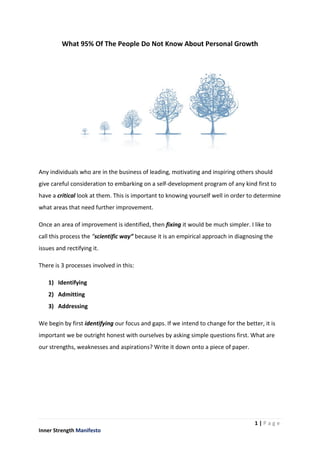 1 | P a g e
Inner Strength Manifesto
What 95% Of The People Do Not Know About Personal Growth
Any individuals who are in the business of leading, motivating and inspiring others should
give careful consideration to embarking on a self-development program of any kind first to
have a critical look at them. This is important to knowing yourself well in order to determine
what areas that need further improvement.
Once an area of improvement is identified, then fixing it would be much simpler. I like to
call this process the “scientific way” because it is an empirical approach in diagnosing the
issues and rectifying it.
There is 3 processes involved in this:
1) Identifying
2) Admitting
3) Addressing
We begin by first identifying our focus and gaps. If we intend to change for the better, it is
important we be outright honest with ourselves by asking simple questions first. What are
our strengths, weaknesses and aspirations? Write it down onto a piece of paper.
 