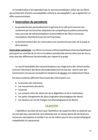 14
La noradrénaline n’estcependant pas le seulneuromédiateur utilise par ces fibres
qui contiennent d'autres neuropeptides comme le neuropeptide Y, qui a également un
effet vasoconstricteur.
 Innervation du parodonte
• Le parodonte plus particulièrement la gencive et le LAD sont innerves non
seulement par les branches ubiquitaire du sympathique(systèmeautonome),
mais aussipar de mécanorécepteurs (sensorielle) et des fibres nerveuses
nociceptives (Sensitive) issues du nerf trijumeau.
• Le fonctionnement des ces innervations est coordonneavec celui de la pulpe et
de la dentine.
Innervationautonome : Les fibres nerveuses orthosympathiques etparasympathiques
participent au contrôle de la micro circulation parodontalecomme dans tous les tissus,
mais avec des différences fonctionnelles par rapportà la pulpe
Le seuil d’excitabilité des mécanorécepteurs qui réagissenta des stimuli tactiles
(comme l’étirement des fibres desmodontales) esttrès bas par, contre celui des
terminaisons nerveuses nociceptives réceptrice de douleur est relativement élevé.
Ces deux systèmes afférents fournissentdes informations sur :
 La position des mâchoires
 Les mouvements des dents
 La parole
 Les contacts entre les dents lors de la déglutition et de la mastication
 Les petits changements de place (migration physiologiquedes dents)
 Les douleurs en cas de charges non physiologiques et les lésions
La gencive
L’épithélium jonctionnel ainsi que l’épithélium de la gencive libre et attachée qui
ne sont pas tous vascularisés sontalimentes par un réseau dense de terminaisons
nerveuses nociceptives et tactiles il en est de même pour le tissu conjonctif gingival
subepithelial et supracrestal .
 