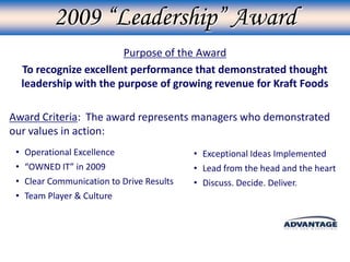 2009 “Leadership” Award
                          Purpose of the Award
     To recognize excellent performance that demonstrated thought
     leadership with the purpose of growing revenue for Kraft Foods

Award Criteria: The award represents managers who demonstrated
our values in action:
 •   Operational Excellence                 • Exceptional Ideas Implemented
 •   “OWNED IT” in 2009                     • Lead from the head and the heart
 •   Clear Communication to Drive Results   • Discuss. Decide. Deliver.
 •   Team Player & Culture
 