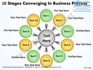 10 Stages Converging In Business Process
                                               Put Text Here

       Your Text Here                  1
                                     Text 1
                                                            Your Text Here
                            10
                          Text 10                 2
                                                Text 2


 Put Text Here     9
                 Text 9                                    3
                                                         Text 3    PutText Here

                                     Text
                                    Put Text
                                    Here
                                     Here
Your Text Here     8
                 Text 8                                    4
                                                         Text 4    Your Text Here




        PutText Here        7
                          Text 7                  5
                                                Text 5       PutText Here
                                       6
                                     Text 6
                   Your Text Here
                                                                             Your Logo
 