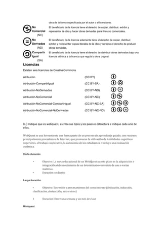 obra de la forma especificada por el autor o el licenciante.
No
Comercial
(NC)
El beneficiario de la licencia tiene el derecho de copiar, distribuir, exhibir y
representar la obra y hacer obras derivadas para fines no comerciales.
No
Derivadas
(ND)
El beneficiario de la licencia solamente tiene el derecho de copiar, distribuir,
exhibir y representar copias literales de la obra y no tiene el derecho de producir
obras derivadas.
Compartir
Igual
(SA)
El beneficiario de la licencia tiene el derecho de distribuir obras derivadas bajo una
licencia idéntica a la licencia que regula la obra original.
Licencias
Existen seis licencias de CreativeCommons
Atribución (CC BY)
Atribución-CompartirIgual (CC BY-SA)
Atribución-NoDerivadas (CC BY-ND)
Atribución-NoComercial (CC BY-NC)
Atribución-NoComercial-CompartirIgual (CC BY-NC-SA)
Atribución-NoComercial-NoDerivadas (CC BY-NC-ND)
8.-) Indique que es webquest, escriba sus tipos y los pasos o estructura e indique cada uno de
ellos.
WebQuest es una herramienta que forma parte de un proceso de aprendizaje guiado, con recursos
principalmente procedentes de Internet, que promueve la utilización de habilidades cognitivas
superiores, el trabajo cooperativo, la autonomía de los estudiantes e incluye una evaluación
auténtica.
Corta duración
• Objetivo: La meta educacional de un WebQuest a corto plazo es la adquisición e
integración del conocimiento de un determinado contenido de una o varias
materias.
• Duración: se diseño
Larga duración
• Objetivo: Extensión y procesamiento del conocimiento (deducción, inducción,
clasificación, abstracción, entre otros)
• Duración: Entre una semana y un mes de clase
Miniquest
 