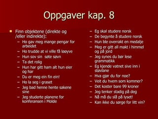Oppgaver kap. 8 Finn objektene (direkte og /eller indirekte): Ho gav meg mange pengar for arbeidet Ho trudde at vi ville få løøyve Hun sov sin  søte søvn Ta det rolig Hun har gitt ham alt hun eier og har Du er meg ein fin ein! Ho la seg i graset Jeg bad henne hente sakene sine Jeg studerte planene for konferansen i Molde Eg skal studere norsk De begynte å studere norsk Hun ble overrakt en medalje Meg er gitt all makt i himmel og på jord Jeg synes du bør lese grammatikk Eg kjende vatnet sive inn i støvlane Hva gjør du for noe? Veit du hvem som kommer? Det koster bare 99 kroner Jeg tenker stadig på deg Nå må du slå på lyset! Kan ikke du sørge for litt vin? 