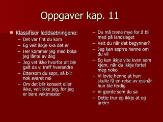 Oppgaver kap. 11  Klassifiser leddsetningene: Det var fint du kom Eg veit ikkje kva det er  Her kommer jeg med boka jeg lånte av deg Jeg vet ikke hvorfor alt ble galt da vi traff hverandre Ettersom du søpr, så blir nok svaret nei Om det blir konsert eller ikke, veit ikke jeg, for jeg er bare vaktmester Du må trene mye for å bli med på landslaget Veit du når det begynner? Jeg kan søprre henne om du vil Eg kan ikkje vite kven som kjem, når du ikkje fortel meg noko Vi lovte henne at hun skulle få en reise av ossnår hun ble ferdig Vi gjorde som du sa Dette trur eg ikkje at eg greier 
