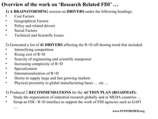 Overview of the work on ‘Research Related FDI’ …  1) A BRAINSTORMING  session on  DRIVERS  under the following headings: Cost Factors Geographical Factors Policy and related drivers Social Factors Technical and Scientific Issues 2) Generated a list of  41 DRIVERS  affecting the R+D off-shoring trend that included: Intensifying competition Rising cost of R+D Scarcity of engineering and scientific manpower Increasing complexity of R+D Specialization Internationalization of R+D Desire to supply large and fast growing markets Physical proximity to global manufacturing bases … etc …  3) Produced 2  RECOMMENDATIONS  for the  ACTION PLAN (ROADMAP): Study the organisation of industrial research globally and in MEDA countries … Setup an FDI / R+D interface to support the work of FDI agencies such as GAFI … 