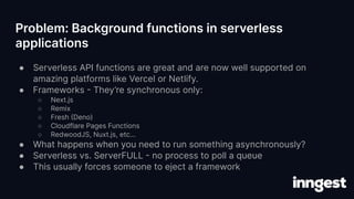 Problem: Background functions in serverless
applications
● Serverless API functions are great and are now well supported o...
