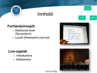 InnholdForhåndsinnspiltElektronisk tavle (Sympodium)Lysark (Powerpoint med lyd)Live-opptakVideokamera