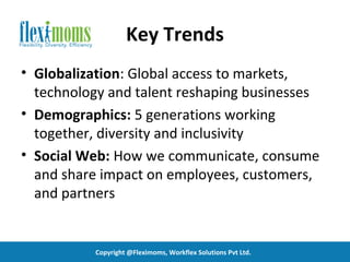 Key Trends
• Globalization: Global access to markets,
  technology and talent reshaping businesses
• Demographics: 5 generations working
  together, diversity and inclusivity
• Social Web: How we communicate, consume
  and share impact on employees, customers,
  and partners


          Copyright @Fleximoms, Workflex Solutions Pvt Ltd.
 