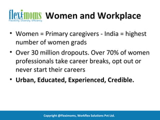 Women and Workplace
• Women = Primary caregivers - India = highest
  number of women grads
• Over 30 million dropouts. Over 70% of women
  professionals take career breaks, opt out or
  never start their careers
• Urban, Educated, Experienced, Credible.



           Copyright @Fleximoms, Workflex Solutions Pvt Ltd.
 
