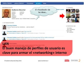 El «Facebook» de
                                     las ideas…




LAN
El buen manejo de perfiles de usuario es
clave para armar el «networking» interno
 © Guillermo Beuchat Shaw 2011      www.transforme.cl
 