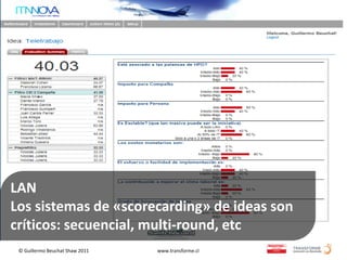 LAN
Los sistemas de «scorecarding» de ideas son
críticos: secuencial, multi-round, etc
 © Guillermo Beuchat Shaw 2011   www.transforme.cl
 