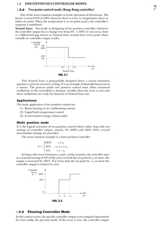 ­     
€ ‚ 
             
  ƒ
   ­ƒ

„
  
† ‡€   
ˆ ‡  
  
‚‰
              
   

 Š

‹

†
 †




 
  


  

 





Controller
O/P
P
( )
ON
100%
OFF
0%
Neutral Zone
error
e
( )
 
     
   
   
  
  
    ­  ­
    
1 Two point control mode (Bang-Bang controller)
1.3 DISCONTINUOUS CONTROLLER MODES
7
     
      
      
  
1 
          
      

100%
50%
0
– e1 + e1
0
error
(e)
Controller
0/P
P
e2
 
