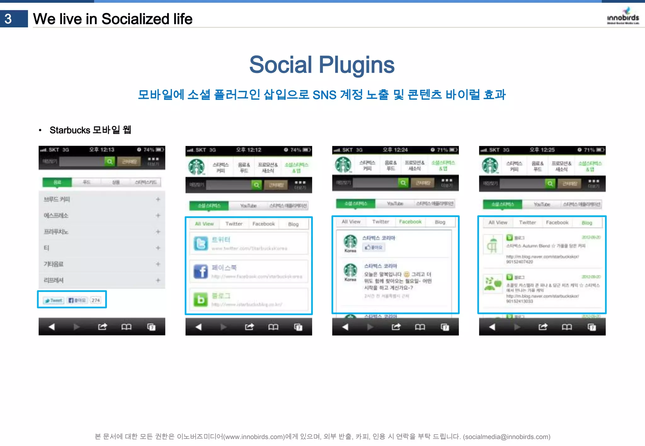 3

We live in Socialized life

Social Plugins
모바일에 소셜 플러그인 삽입으로 SNS 계정 노출 및 콘텐츠 바이럴 효과
• Starbucks 모바일 웹

본 문서에 대한 모든 권한은 이노버즈미디어(www.innobirds.com)에게 있으며, 외부 반출, 카피, 인용 시 연락을 부탁 드립니다. (socialmedia@innobirds.com)

 