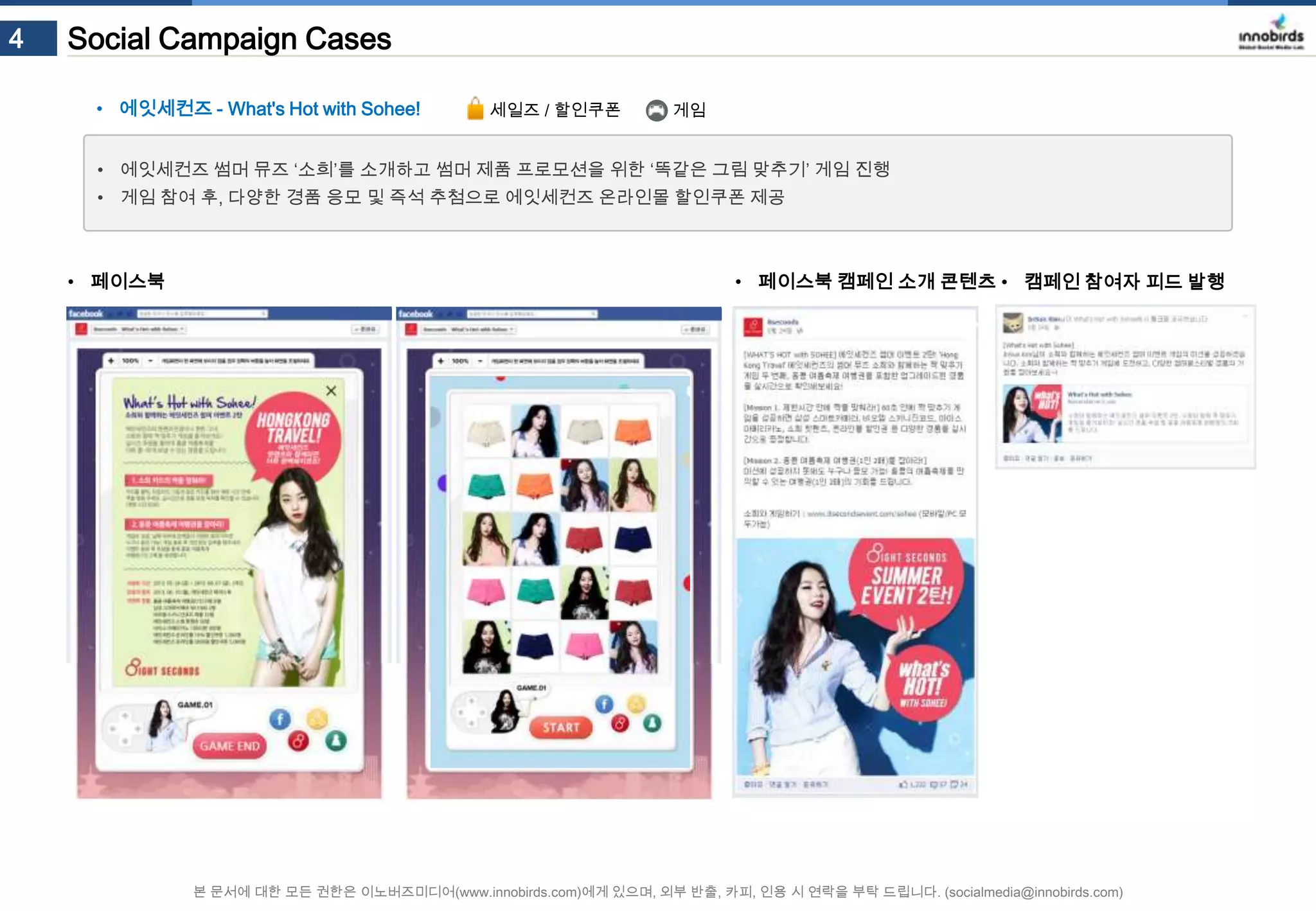 4

Social Campaign Cases
• 에잇세컨즈 - What's Hot with Sohee!

세일즈 / 할인쿠폰

게임

• 에잇세컨즈 썸머 뮤즈 ‘소희’를 소개하고 썸머 제품 프로모션을 위한 ‘똑같은 그림 맞추기’ 게임 진행
• 게임 참여 후, 다양한 경품 응모 및 즉석 추첨으로 에잇세컨즈 온라인몰 할인쿠폰 제공

• 페이스북

• 페이스북 캠페인 소개 콘텐츠 • 캠페인 참여자 피드 발행

본 문서에 대한 모든 권한은 이노버즈미디어(www.innobirds.com)에게 있으며, 외부 반출, 카피, 인용 시 연락을 부탁 드립니다. (socialmedia@innobirds.com)

 
