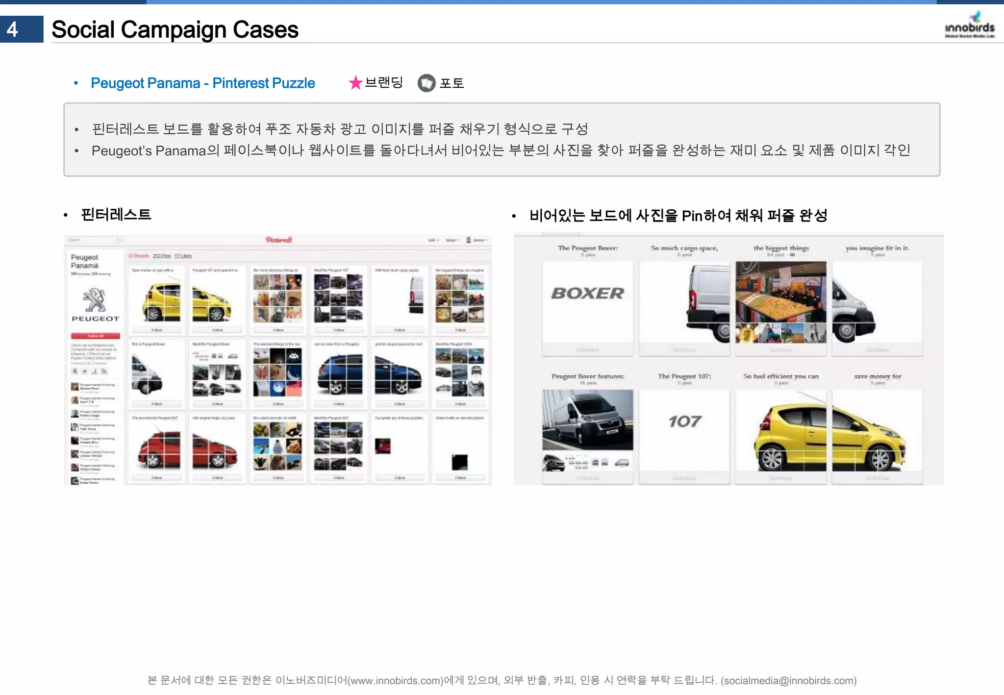 4

Social Campaign Cases
• Peugeot Panama - Pinterest Puzzle

브랜딩

포토

• 핀터레스트 보드를 활용하여 푸조 자동차 광고 이미지를 퍼즐 채우기 형식으로 구성
• Peugeot’s Panama의 페이스북이나 웹사이트를 돌아다녀서 비어있는 부분의 사진을 찾아 퍼즐을 완성하는 재미 요소 및 제품 이미지 각인

• 핀터레스트

• 비어있는 보드에 사진을 Pin하여 채워 퍼즐 완성

본 문서에 대한 모든 권한은 이노버즈미디어(www.innobirds.com)에게 있으며, 외부 반출, 카피, 인용 시 연락을 부탁 드립니다. (socialmedia@innobirds.com)

 