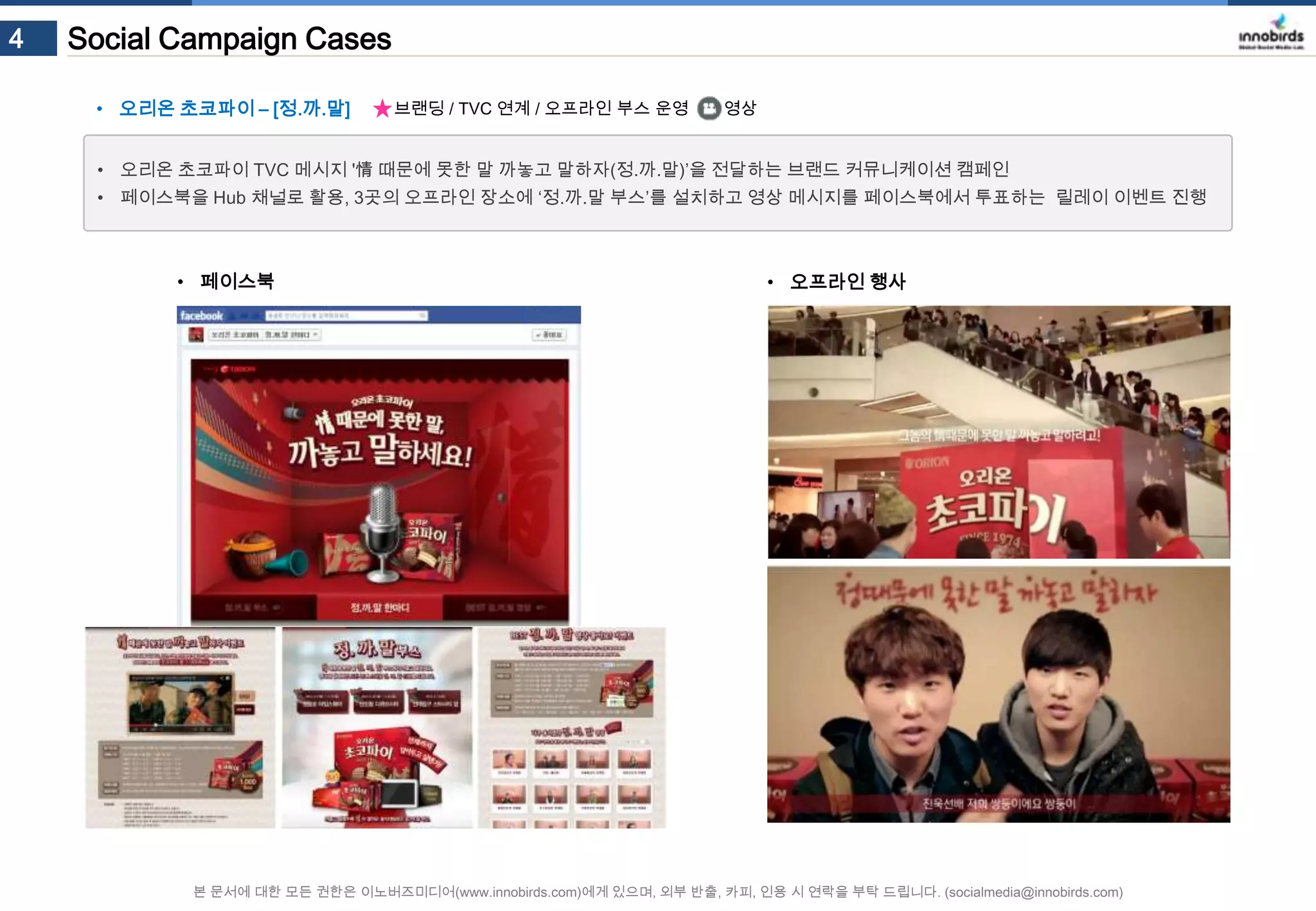 4

Social Campaign Cases
• 오리온 초코파이 – [정.까.말]

브랜딩 / TVC 연계 / 오프라인 부스 운영

영상

• 오리온 초코파이 TVC 메시지 '情 때문에 못한 말 까놓고 말하자(정.까.말)’을 전달하는 브랜드 커뮤니케이션 캠페인
• 페이스북을 Hub 채널로 활용, 3곳의 오프라인 장소에 ‘정.까.말 부스’를 설치하고 영상 메시지를 페이스북에서 투표하는 릴레이 이벤트 진행

• 페이스북

• 오프라인 행사

본 문서에 대한 모든 권한은 이노버즈미디어(www.innobirds.com)에게 있으며, 외부 반출, 카피, 인용 시 연락을 부탁 드립니다. (socialmedia@innobirds.com)

 
