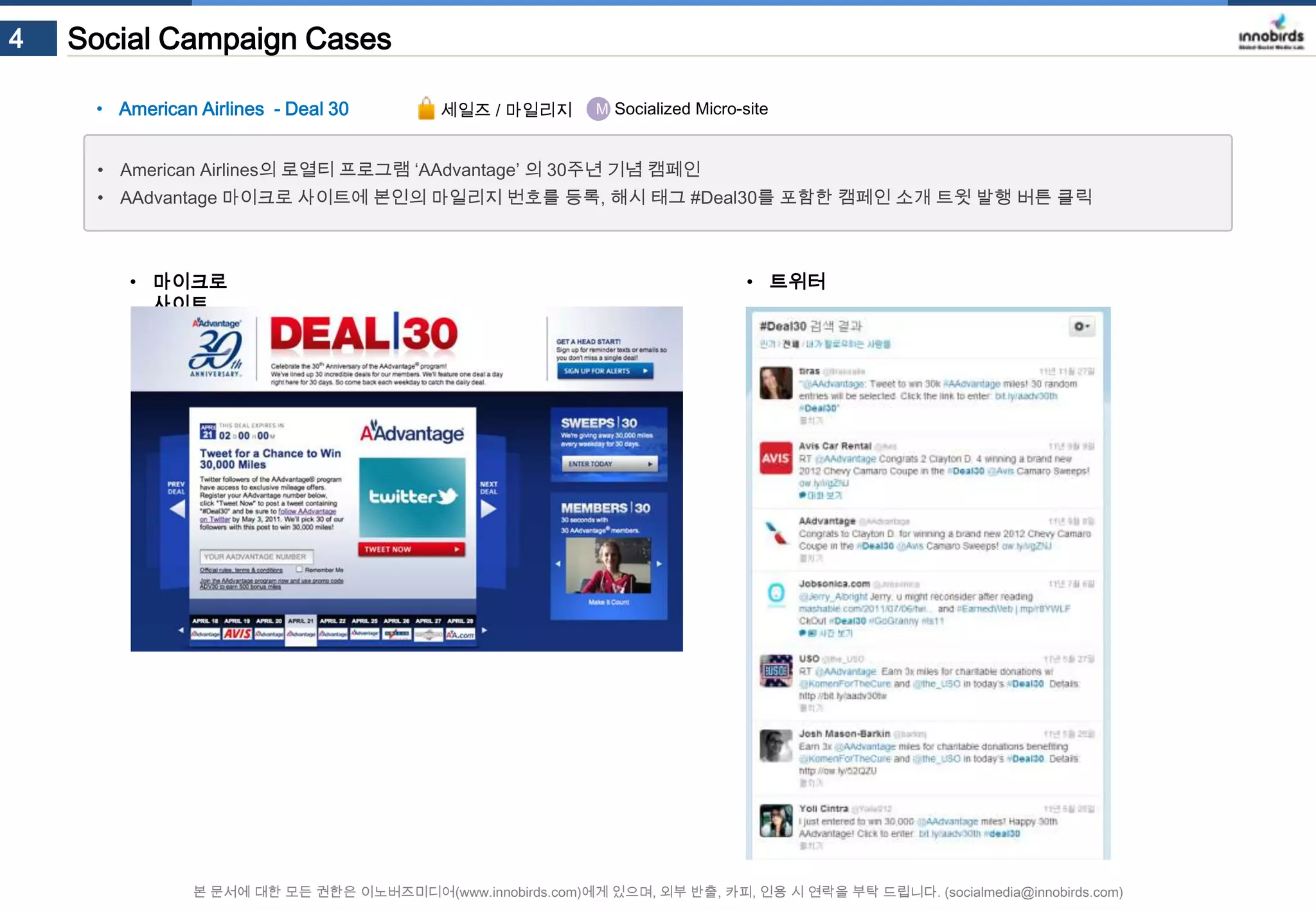 4

Social Campaign Cases
• American Airlines - Deal 30

세일즈 / 마일리지

M Socialized Micro-site

• American Airlines의 로열티 프로그램 ‘AAdvantage’ 의 30주년 기념 캠페인
• AAdvantage 마이크로 사이트에 본인의 마일리지 번호를 등록, 해시 태그 #Deal30를 포함한 캠페인 소개 트윗 발행 버튼 클릭

• 마이크로 사이트

• 트위터

본 문서에 대한 모든 권한은 이노버즈미디어(www.innobirds.com)에게 있으며, 외부 반출, 카피, 인용 시 연락을 부탁 드립니다. (socialmedia@innobirds.com)

 