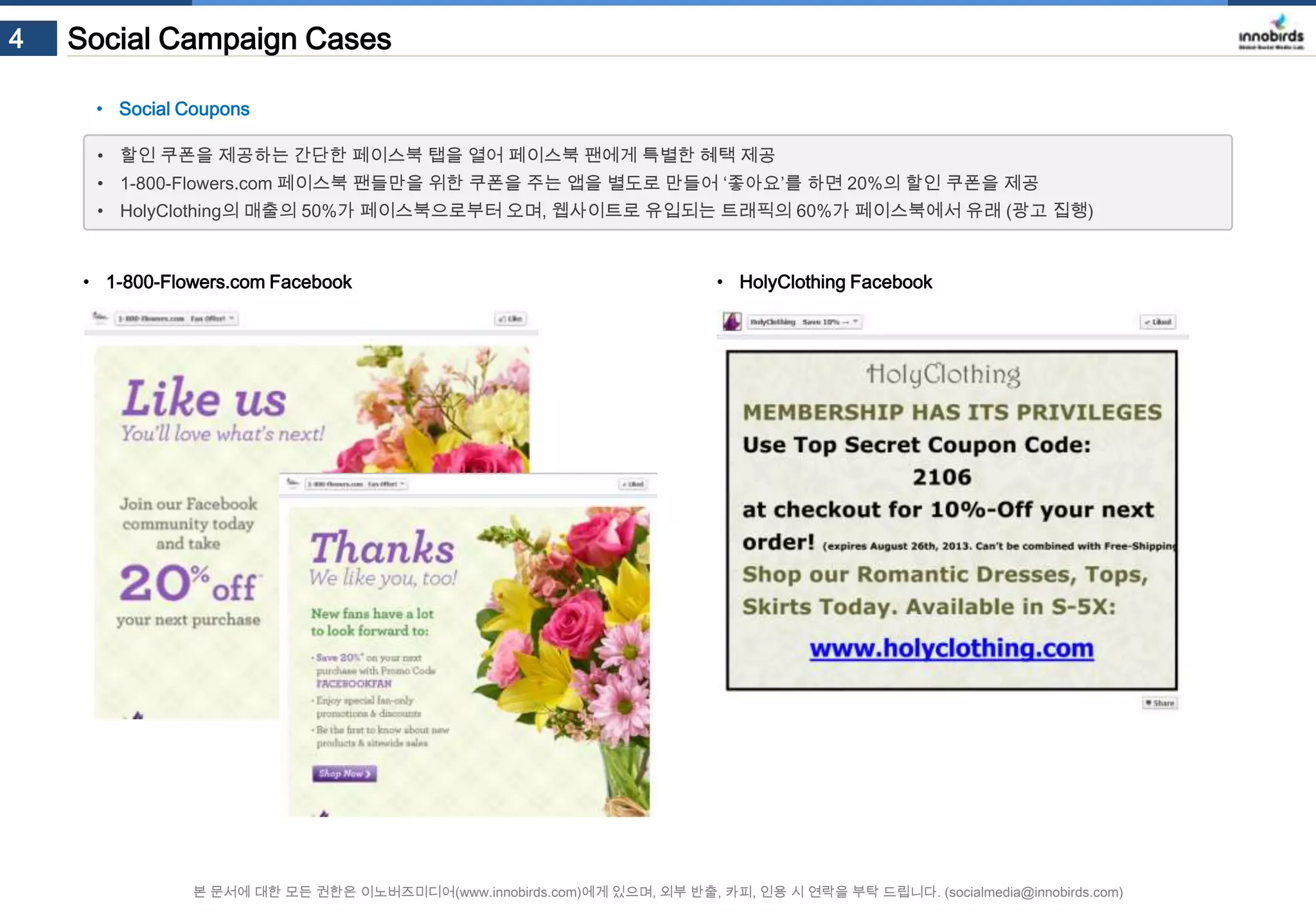 4

Social Campaign Cases
• Social Coupons
• 할인 쿠폰을 제공하는 간단한 페이스북 탭을 열어 페이스북 팬에게 특별한 혜택 제공
• 1-800-Flowers.com 페이스북 팬들만을 위한 쿠폰을 주는 앱을 별도로 만들어 ‘좋아요’를 하면 20%의 할인 쿠폰을 제공
• HolyClothing의 매출의 50%가 페이스북으로부터 오며, 웹사이트로 유입되는 트래픽의 60%가 페이스북에서 유래 (광고 집행)

• 1-800-Flowers.com Facebook

• HolyClothing Facebook

본 문서에 대한 모든 권한은 이노버즈미디어(www.innobirds.com)에게 있으며, 외부 반출, 카피, 인용 시 연락을 부탁 드립니다. (socialmedia@innobirds.com)

 