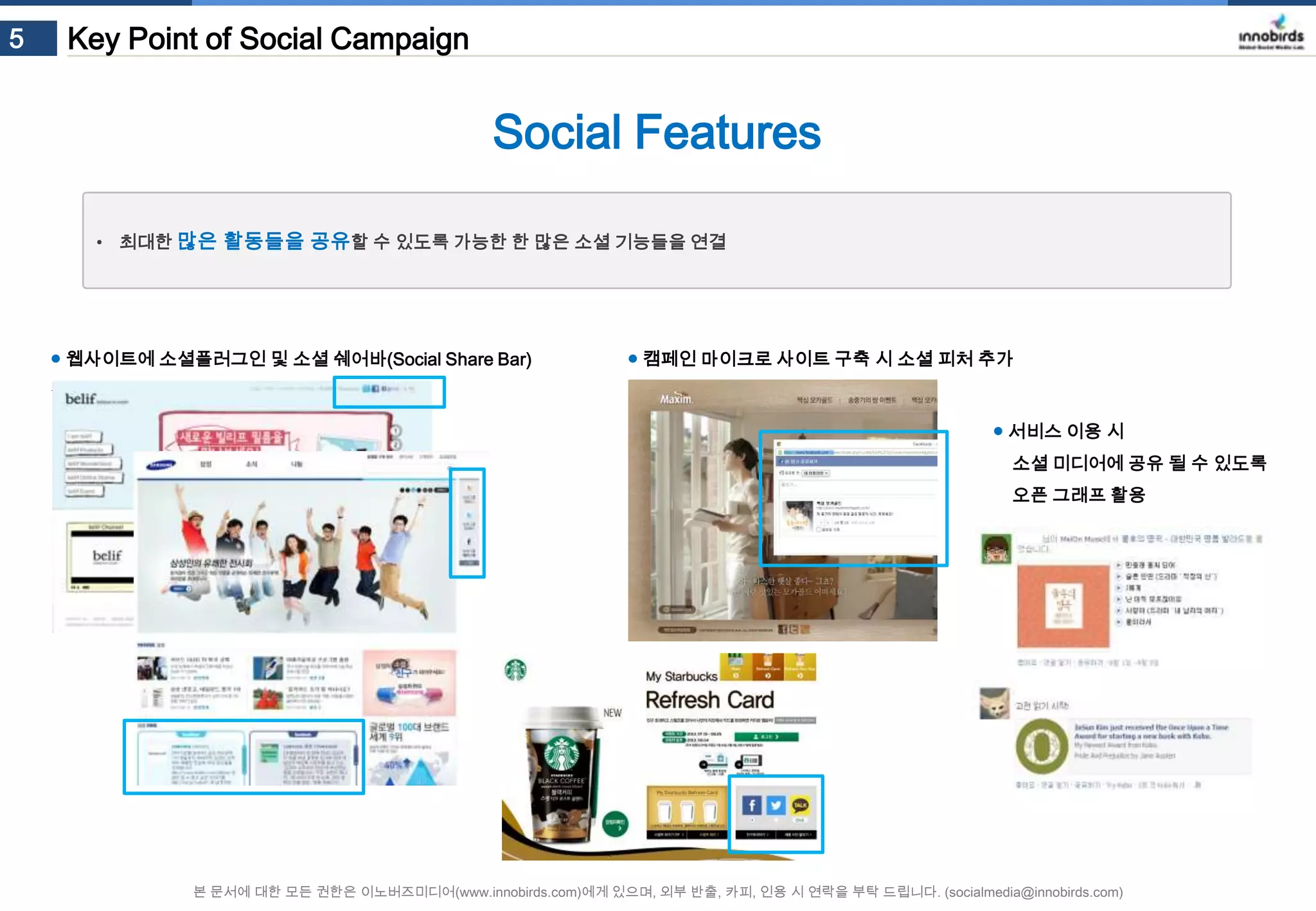 5

Key Point of Social Campaign

Social Features
• 최대한 많은 활동들을 공유할 수 있도록 가능한 한 많은 소셜 기능들을 연결

● 웹사이트에 소셜플러그인 및 소셜 쉐어바(Social Share Bar) 삽입

● 캠페인 마이크로 사이트 구축 시 소셜 피처 추가

● 서비스 이용 시
소셜 미디어에 공유 될 수 있도록
오픈 그래프 활용

본 문서에 대한 모든 권한은 이노버즈미디어(www.innobirds.com)에게 있으며, 외부 반출, 카피, 인용 시 연락을 부탁 드립니다. (socialmedia@innobirds.com)

 