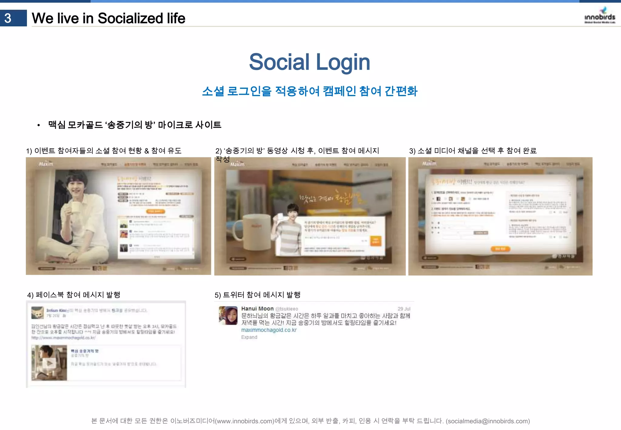 3

We live in Socialized life

Social Login
소셜 로그인을 적용하여 캠페인 참여 간편화
• 맥심 모카골드 ‘송중기의 방’ 마이크로 사이트
1) 이벤트 참여자들의 소셜 참여 현황 & 참여 유도

2) ‘송중기의 방’ 동영상 시청 후, 이벤트 참여 메시지 작성

4) 페이스북 참여 메시지 발행

3) 소셜 미디어 채널을 선택 후 참여 완료

5) 트위터 참여 메시지 발행

본 문서에 대한 모든 권한은 이노버즈미디어(www.innobirds.com)에게 있으며, 외부 반출, 카피, 인용 시 연락을 부탁 드립니다. (socialmedia@innobirds.com)

 