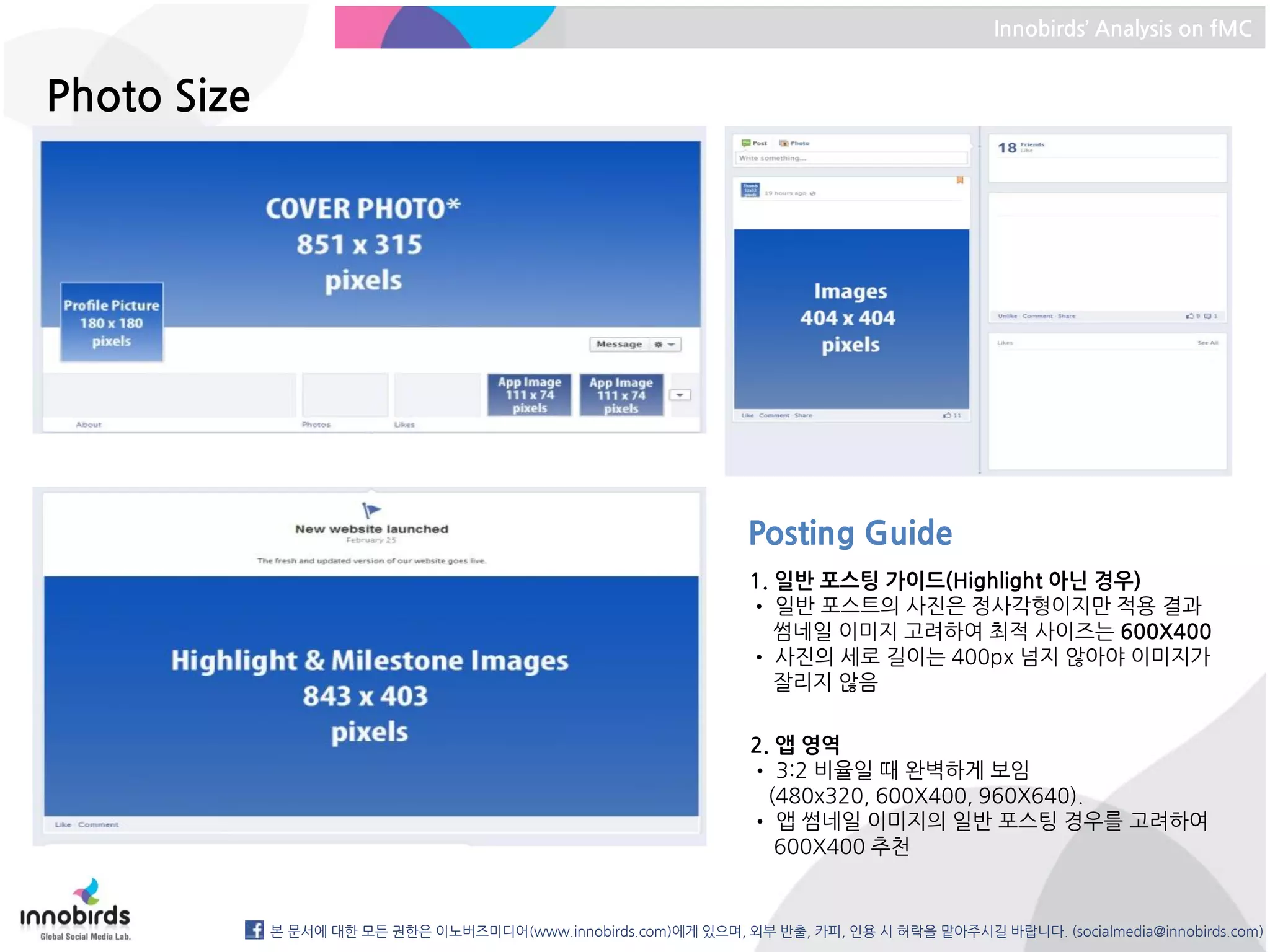 Innobirds’ Analysis on fMC


Photo Size




                                                                 Posting Guide
                                                                 1. 일반 포스팅 가이드(Highlight 아닌 경우)
                                                                 • 일반 포스트의 사진은 정사각형이지만 적용 결과
                                                                    썸네일 이미지 고려하여 최적 사이즈는 600X400
                                                                 • 사진의 세로 길이는 400px 넘지 않아야 이미지가
                                                                    잘리지 않음

                                                                 2. 앱 영역
                                                                 • 3:2 비율일 때 완벽하게 보임
                                                                   (480x320, 600X400, 960X640).
                                                                 • 앱 썸네일 이미지의 일반 포스팅 경우를 고려하여
                                                                    600X400 추천


             본 문서에 대한 모든 권한은 이노버즈미디어(www.innobirds.com)에게 있으며, 외부 반출, 카피, 인용 시 허락을 맡아주시길 바랍니다. (socialmedia@innobirds.com)
 