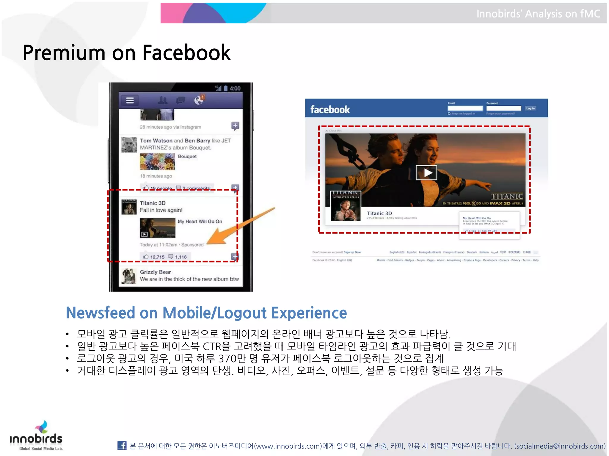 Innobirds’ Analysis on fMC



Premium on Facebook




   Newsfeed on Mobile/Logout Experience
   •   모바일 광고 클릭률은 일반적으로 웹페이지의 온라인 배너 광고보다 높은 것으로 나타남.
   •   일반 광고보다 높은 페이스북 CTR을 고려했을 때 모바일 타임라인 광고의 효과 파급력이 클 것으로 기대
   •   로그아웃 광고의 경우, 미국 하루 370만 명 유저가 페이스북 로그아웃하는 것으로 집계
   •   거대한 디스플레이 광고 영역의 탄생. 비디오, 사진, 오퍼스, 이벤트, 설문 등 다양한 형태로 생성 가능




             본 문서에 대한 모든 권한은 이노버즈미디어(www.innobirds.com)에게 있으며, 외부 반출, 카피, 인용 시 허락을 맡아주시길 바랍니다. (socialmedia@innobirds.com)
 