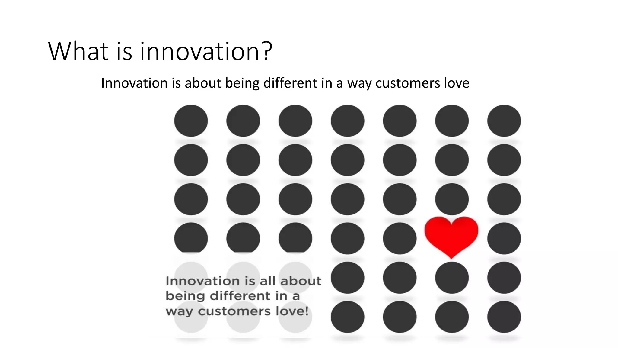 What is innovation?
Innovation is about being different in a way customers love
 