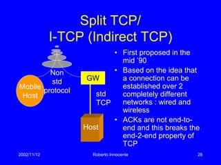 2002/11/12 Roberto Innocente 28
Split TCP/
I-TCP (Indirect TCP)
• First proposed in the
mid ’90
• Based on the idea that
a connection can be
established over 2
completely different
networks : wired and
wireless
• ACKs are not end-to-
end and this breaks the
end-2-end property of
TCP
GW
std
TCP
Host
Non
std
protocolMobile
Host
 
