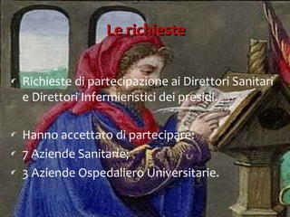 Le richieste Richieste di partecipazione ai Direttori Sanitari e Direttori Infermieristici dei presidi. Hanno accettato di partecipare: 7 Aziende Sanitarie; 3 Aziende Ospedaliero Universitarie. 