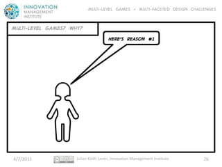 Multi-level GAMES + Multi-faceted Design CHALLENGES


Multi-LEVEL GAMES? WHY?
                                      HERE’S REASON #1




4/7/2011             Julian Keith Loren, Innovation Management Institute.   26
 