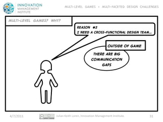 Multi-level GAMES + Multi-faceted Design CHALLENGES


Multi-LEVEL GAMES? WHY?
                                    REASON #2
                                    I need a cross-functIonal desIgn team…


                                                            Outside of game
                                                there are big
                                               communication
                                                    gaps




4/7/2011             Julian Keith Loren, Innovation Management Institute.     31
 