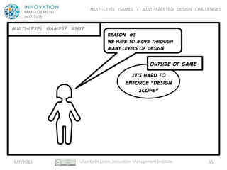 Multi-level GAMES + Multi-faceted Design CHALLENGES


Multi-LEVEL GAMES? WHY?
                                    REASON #3
                                    We have to move through
                                    many levels of design

                                                            Outside of game
                                                It’s hard to
                                              Enforce “DesIgn
                                                   Scope”




4/7/2011             Julian Keith Loren, Innovation Management Institute.     35
 