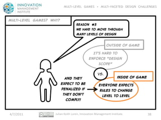 Multi-level GAMES + Multi-faceted Design CHALLENGES


Multi-LEVEL GAMES? WHY?
                                    REASON #3
                                    We have to move through
                                    many levels of design

                                                            Outside of game
                                                It’s hard to
                                              Enforce “DesIgn
                                                   Scope”

                                                     VS.
                            And they                                inside of game
                          expect to be                Everyone expects
                          penalized if                Rules to change
                           they don’t                   Level to level
                             comply!


4/7/2011             Julian Keith Loren, Innovation Management Institute.            38
 