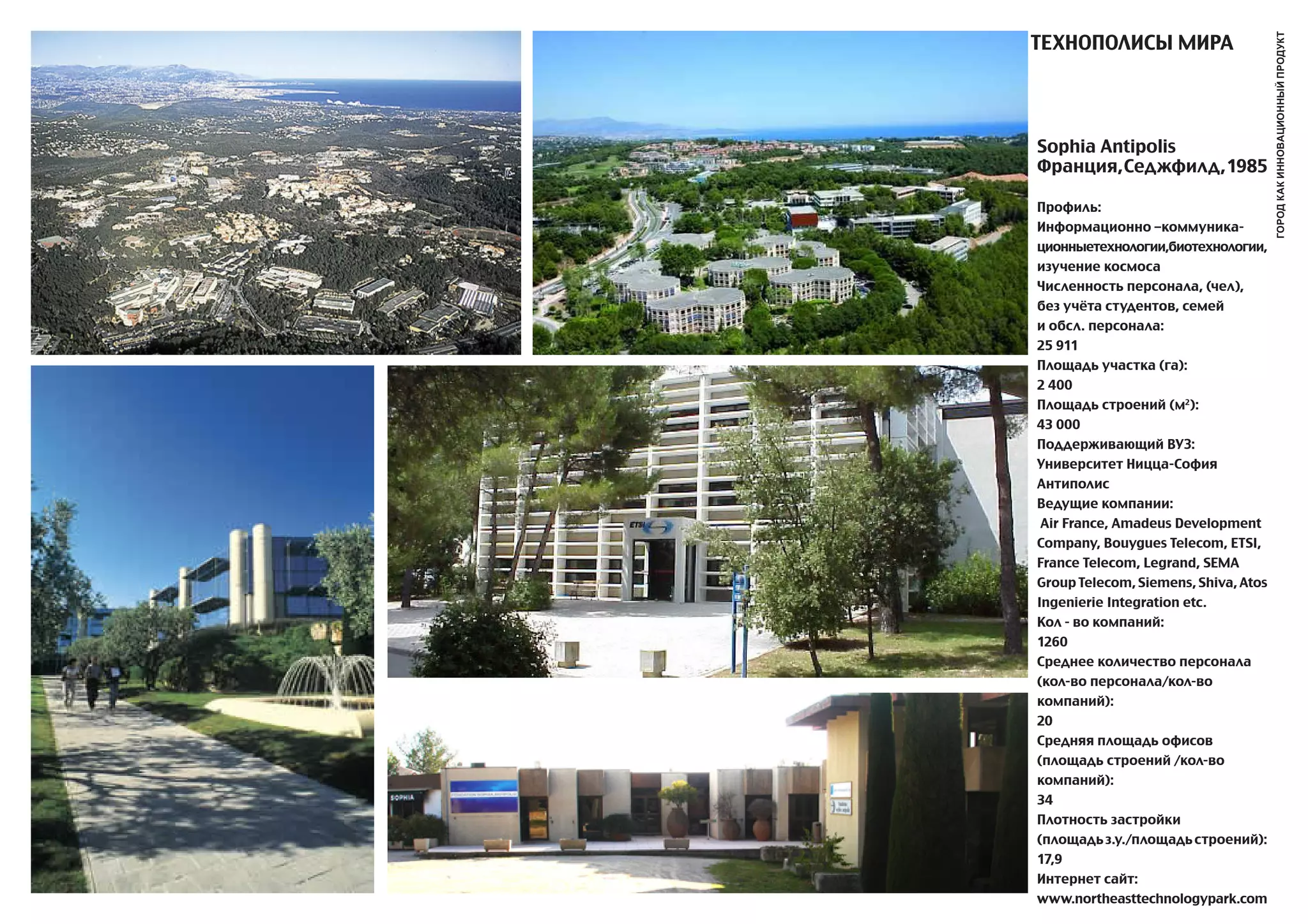 ТЕХНОПОЛИСы МИРa




                                      город как инновационный продукт
Sophia Antipolis
Франция, Седжфилд, 1985

Профиль:
Информационно –коммуника-
ционныетехнологии,биотехнологии,
изучение космоса
Численность персонала, (чел),
без учёта студентов, семей
и обсл. персонала:
25 911
Площадь участка (га):
2 400
Площадь строений (м2):
43 000
Поддерживающий ВУЗ:
Университет Ницца-София
Антиполис
Ведущие компании:
 air France, amadeus Development
Company, Bouygues Telecom, ETSI,
France Telecom, Legrand, SEMa
Group Telecom, Siemens, Shiva, atos
Ingеnierie Intеgration etc.
Кол - во компаний:
1260
Среднее количество персонала
(кол-во персонала/кол-во
компаний):
20
Средняя площадь офисов
(площадь строений /кол-во
компаний):
34
Плотность застройки
(площадь з.у./площадь строений):
17,9
Интернет сайт:
www.northeasttechnologypark.com
 