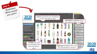 Like the product you would like
                to buy and tell me why
                                                  Highlight in green which
                                                  you want to keep on shelf




 Dislike the one
you definitely NOT
 like and tell me                       Highlight in red which ones
       why!                              you would like to remove
 
