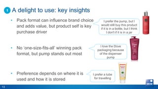 1   A delight to use: key insights
         • Pack format can influence brand choice         I prefer the pump, but I
           and adds value, but product self is key     would still buy this product
                                                       if it is in a bottle, but I think
           purchase driver                                   I don't if it is in a jar



                                                       I love the Dove
         • No ‘one-size-fits-all’ winning pack       packaging because
           format, but pump stands out most           of the dispenser
                                                            pump




         • Preference depends on where it is     I prefer a tube
           used and how it is stored              for travelling

13
 