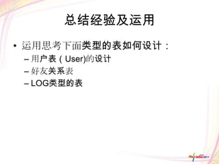 总结经验及运用
• 运用思考下面类型的表如何设计：
 – 用户表（User)的设计
 – 好友关系表
 – LOG类型的表
 