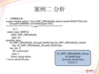 案例二 分析
•   死锁原因分析：
mysql> explain select * from GRP_OfflineNotify where UserId=852577338 and
    GroupId=33990861 and NotifyType=10G;
*************************** 1. row ***************************
         id: 1
 select_type: SIMPLE
      table: GRP_OfflineNotify
       type: ref
possible_keys:
    IX_GRP_OfflineNotify_GroupId_NotifyType,IX_GRP_OfflineNotify_UserId
        key: IX_GRP_OfflineNotify_GroupId_NotifyType
    key_len: 5
        ref: const,const
       rows: 1                                          IX_GRP_OfflineNotify_Group
      Extra: Using where                                        Id_NotifyType
1 row in set (0.00 sec)                                      (GroupId, NotifyType)
                                                             普通索引
 