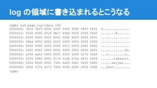 log の領域に書き込まれるとこうなる
(gdb) xxd page_zip->data 160
0000000: 39c2 1bf9 0000 0003 ffff ffff ffff ffff 9...............
0000010: 0000 0000 0018 9b17 45bf 0000 0000 0000 ........E.......
0000020: 0000 0000 0002 0002 00d2 8005 0000 0000 ................
0000030: 00bd 0002 0002 0003 0000 0000 0000 0000 ................
0000040: 0000 0000 0000 0000 0012 0000 0002 0000 ................
0000050: 0002 00f2 0000 0002 0000 0002 0032 6805 .............2h.
0000060: e294 ae63 0400 0000 ffff 0300 0176 00a4 ...c.........v..
0000070: 0200 0880 0000 0174 616b 616e 6f72 6904 .......takanori.
0000080: 0006 8000 0002 7365 6a69 6d61 0600 0480 ......sejima....
0000090: 0000 0374 6573 7400 0000 0000 0000 0000 ...test.........
(gdb)
 
