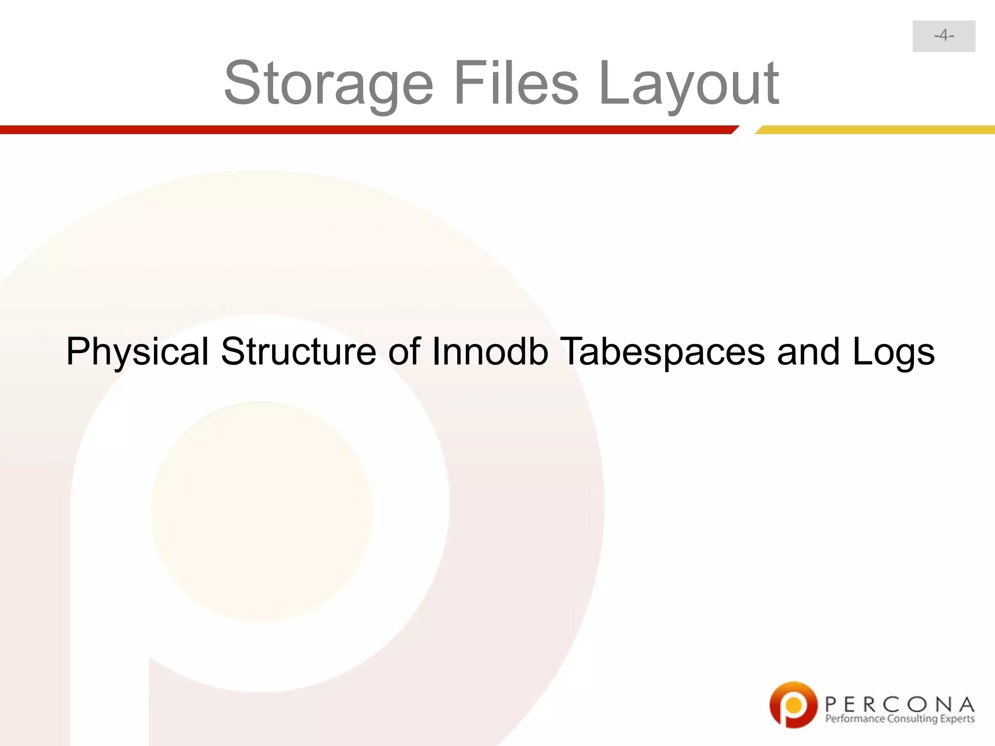 -4-


        Storage Files Layout



Physical Structure of Innodb Tabespaces and Logs
 