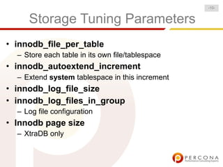 -10-


     Storage Tuning Parameters
• innodb_file_per_table
  – Store each table in its own file/tablespace
• innodb_autoextend_increment
  – Extend system tablespace in this increment
• innodb_log_file_size
• innodb_log_files_in_group
  – Log file configuration
• Innodb page size
  – XtraDB only
 