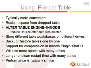 -11-


              Using File per Table
• Typically more convenient
• Reclaim space from dropped table
• ALTER TABLE ENGINE=INNODB
    – reduce file size after data was deleted
•   Store different tables/databases on different drives
•   Backup/Restore tables one by one
•   Support for compression in Innodb Plugin/XtraDB
•   Will use more space with many tables
•   Longer unclean restart time with many tables
•   Performance is typically similar
 