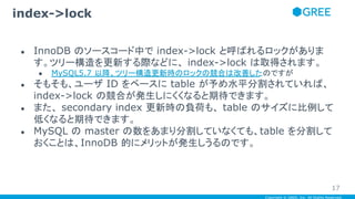 Copyright © GREE, Inc. All Rights Reserved.
● InnoDB のソースコード中で index->lock と呼ばれるロックがありま
す。ツリー構造を更新する際などに、 index->lock は取得されます。
● MySQL5.7 以降、ツリー構造更新時のロックの競合は改善したのですが
● そもそも、ユーザ ID をベースに table が予め水平分割されていれば、
index->lock の競合が発生しにくくなると期待できます。
● また、 secondary index 更新時の負荷も、 table のサイズに比例して
低くなると期待できます。
● MySQL の master の数をあまり分割していなくても、table を分割して
おくことは、InnoDB 的にメリットが発生しうるのです。
index->lock
17
 