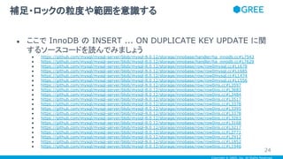 Copyright © GREE, Inc. All Rights Reserved.
● ここで InnoDB の INSERT ... ON DUPLICATE KEY UPDATE に関
するソースコードを読んでみましょう
● https://github.com/mysql/mysql-server/blob/mysql-8.0.12/storage/innobase/handler/ha_innodb.cc#L7543
● https://github.com/mysql/mysql-server/blob/mysql-8.0.12/storage/innobase/handler/ha_innodb.cc#L7629
● https://github.com/mysql/mysql-server/blob/mysql-8.0.12/storage/innobase/row/row0mysql.cc#L1678
● https://github.com/mysql/mysql-server/blob/mysql-8.0.12/storage/innobase/row/row0mysql.cc#L1685
● https://github.com/mysql/mysql-server/blob/mysql-8.0.12/storage/innobase/row/row0mysql.cc#L1474
● https://github.com/mysql/mysql-server/blob/mysql-8.0.12/storage/innobase/row/row0mysql.cc#L1556
● https://github.com/mysql/mysql-server/blob/mysql-8.0.12/storage/innobase/row/row0ins.cc#L3597
● https://github.com/mysql/mysql-server/blob/mysql-8.0.12/storage/innobase/row/row0ins.cc#L3683
● https://github.com/mysql/mysql-server/blob/mysql-8.0.12/storage/innobase/row/row0ins.cc#L3484
● https://github.com/mysql/mysql-server/blob/mysql-8.0.12/storage/innobase/row/row0ins.cc#L3517
● https://github.com/mysql/mysql-server/blob/mysql-8.0.12/storage/innobase/row/row0ins.cc#L3378
● https://github.com/mysql/mysql-server/blob/mysql-8.0.12/storage/innobase/row/row0ins.cc#L3395
● https://github.com/mysql/mysql-server/blob/mysql-8.0.12/storage/innobase/row/row0ins.cc#L3378
● https://github.com/mysql/mysql-server/blob/mysql-8.0.12/storage/innobase/row/row0ins.cc#L3263
● https://github.com/mysql/mysql-server/blob/mysql-8.0.12/storage/innobase/row/row0ins.cc#L3168
● https://github.com/mysql/mysql-server/blob/mysql-8.0.12/storage/innobase/row/row0ins.cc#L3217
● https://github.com/mysql/mysql-server/blob/mysql-8.0.12/storage/innobase/row/row0ins.cc#L2771
● https://github.com/mysql/mysql-server/blob/mysql-8.0.12/storage/innobase/row/row0ins.cc#L2912
● https://github.com/mysql/mysql-server/blob/mysql-8.0.12/storage/innobase/row/row0ins.cc#L1852
● https://github.com/mysql/mysql-server/blob/mysql-8.0.12/storage/innobase/row/row0ins.cc#L1946
補足・ロックの粒度や範囲を意識する
24
 