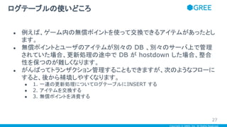 Copyright © GREE, Inc. All Rights Reserved.
● 例えば、ゲーム内の無償ポイントを使って交換できるアイテムがあったとし
ます。
● 無償ポイントとユーザのアイテムが別々の DB 、別々のサーバ上で管理
されていた場合、更新処理の途中で DB が hostdown した場合、整合
性を保つのが難しくなります。
● がんばってトランザクション管理することもできますが、次のようなフローに
すると、後から補填しやすくなります。
● 1. 一連の更新処理についてログテーブルにINSERT する
● 2. アイテムを交換する
● 3. 無償ポイントを消費する
ログテーブルの使いどころ
27
 