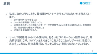 Copyright © GREE, Inc. All Rights Reserved.
● 私は、次のようなことを、最低限クリアすべきラインではないかと考えてい
ます。
● まずはログインできること
● ユーザの不利益にならないこと
● 正常に遊んでいたにも関わらず、データが欠損するという事態は避けること。非常時に
は、補填可能な仕組みがあること
● 正常に決済処理できること
● サービス開始時やイベント開始時、あるいはプロモーション期間中など、高
負荷状態になり、ログインさえできなくなるようなことが、ゲームには起こり
えます。これは、他の業種だと、そこそこ珍しい事態ではないでしょうか。
原則
9
 