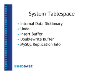System Tablespace
•   Internal Data Dictionary
•   Undo
•   Insert Buffer
•   Doublewrite Buffer
•   MySQL Replication Info
 