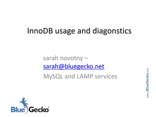 InnoDB usage and diagonstics sarah novotny – sarah@bluegecko.net MySQL and LAMP services www.BlueGecko.net 